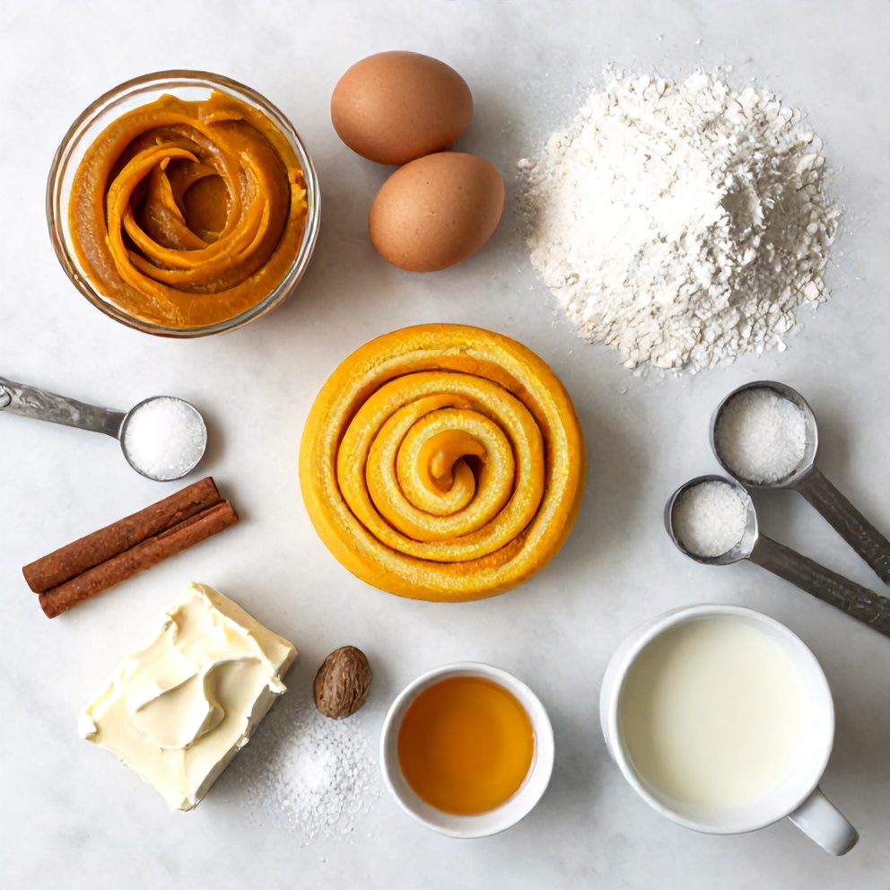 Raw ingredients for pumpkin roll on a white marble surface, bright even light