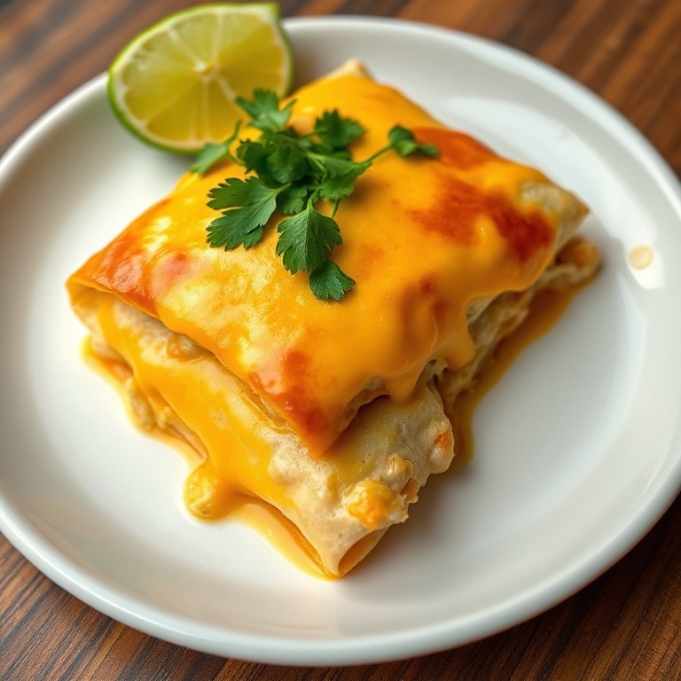 One plated serving of queso chicken enchiladas garnished with fresh cilantro and a lime wedge, served in a white ceramic dinner plate, close crop, warm side lighting highlighting melted cheese texture.