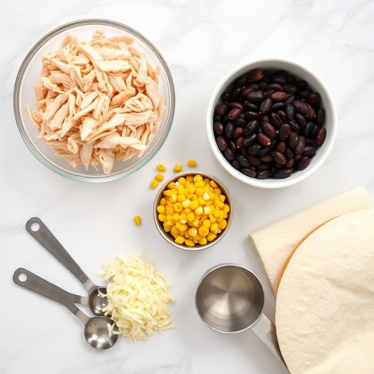 Overhead flat lay of raw ingredients: shredded cooked chicken, corn kernels, black beans, Monterey Jack cheese, flour tortillas, plus small prep bowls, measuring spoons, and measuring cups on white marble surface.