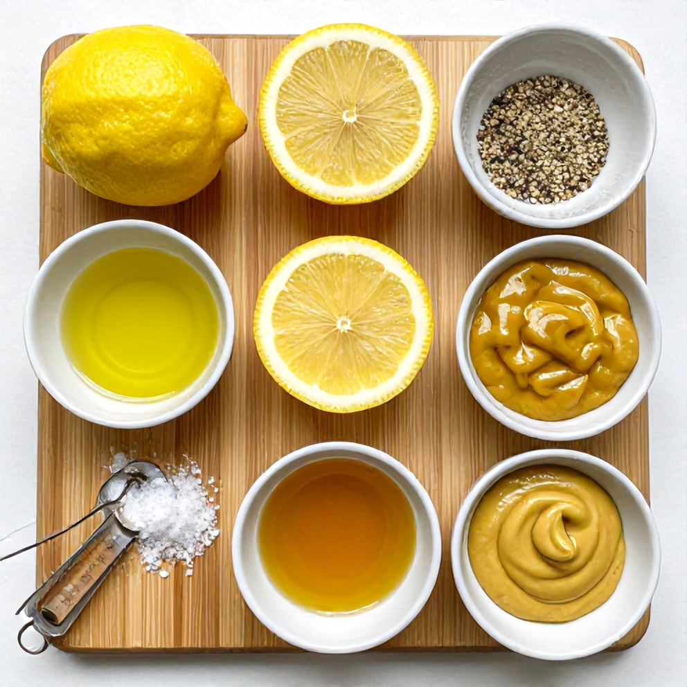 Lemon, Olive Oil, Dijon Mustard, Salt, Pepper on Wooden Board