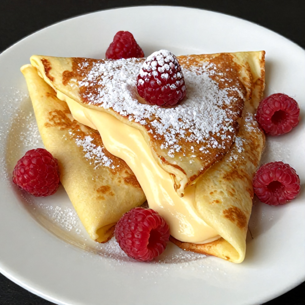 One perfect plated serving of Raspberry Vanilla Cream Crepes, garnished with powdered sugar and fresh raspberries, on a white plate. Warm side lighting highlighting creamy filling and crispy edges.