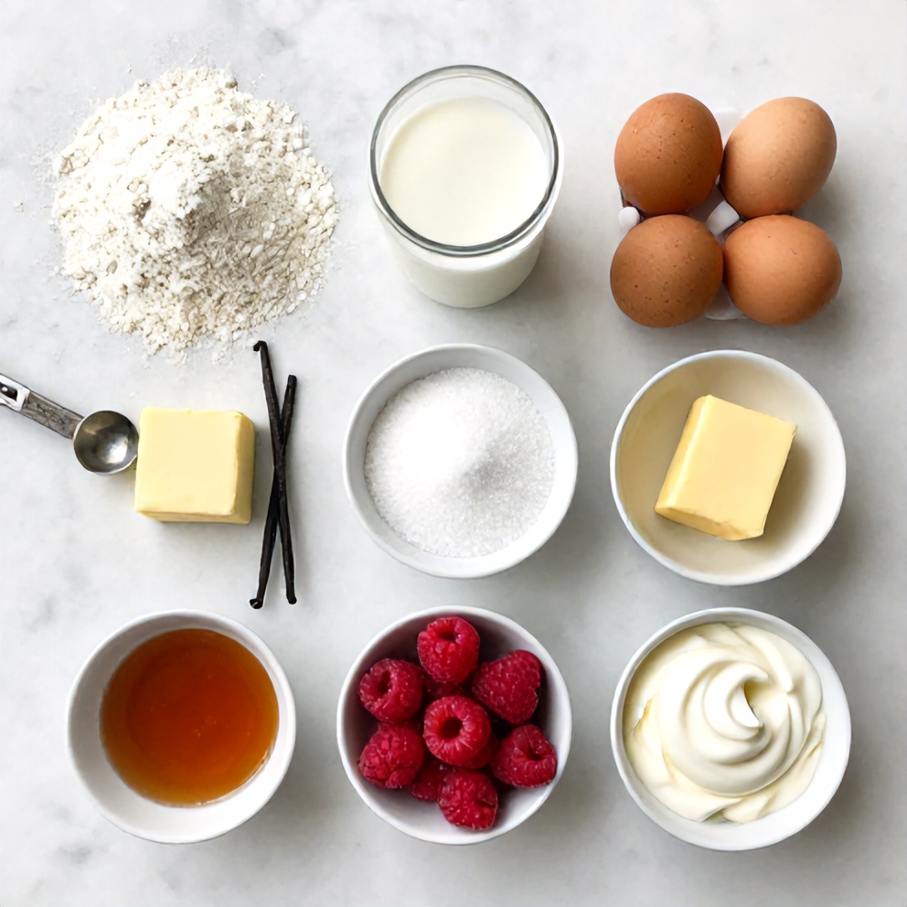 Overhead flat lay of raw ingredients: flour, milk, eggs, butter, sugar, vanilla extract, raspberries, heavy cream. Measuring spoons and bowls visible on a white marble surface.