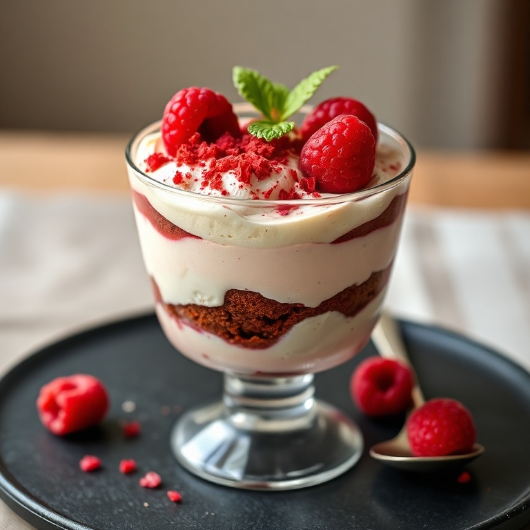 Single serving of easy red velvet cheesecake trifle in clear dessert glass garnished with red velvet cake crumbs and fresh raspberries on a slate plate