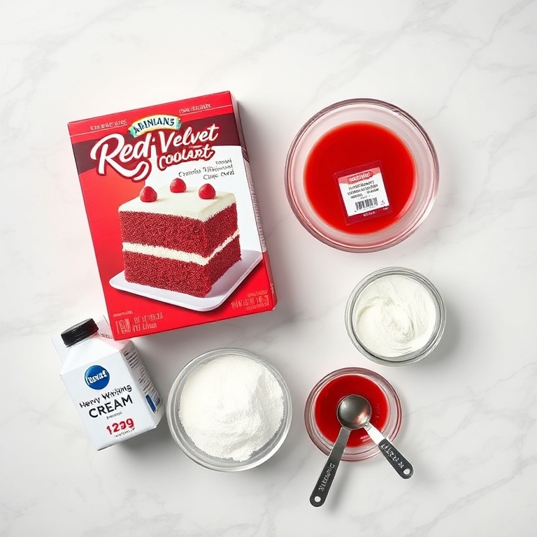 Overhead flat lay of red velvet cake mix box, full-fat cream cheese block, heavy whipping cream, powdered sugar, and red food coloring in small prep bowls with measuring cups and spoons on white marble