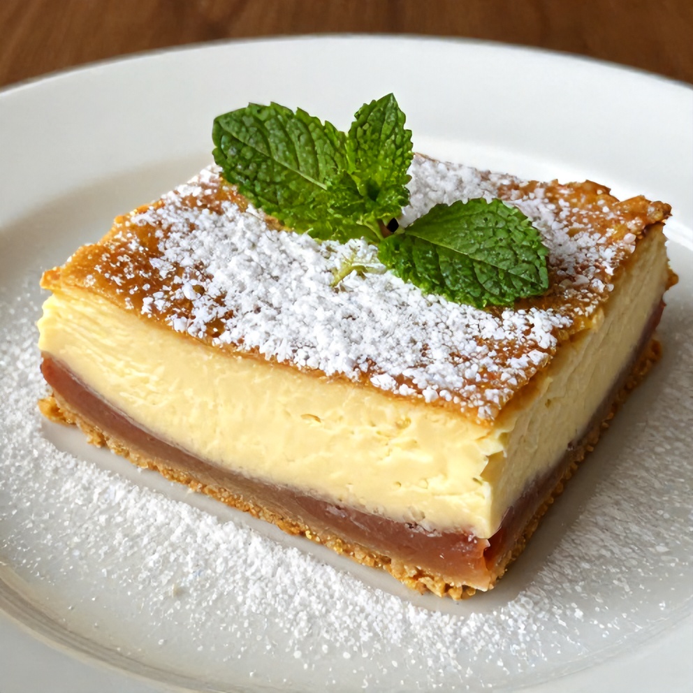 Easy Rhubarb Cream Cheese Bars plated with powdered sugar and fresh mint