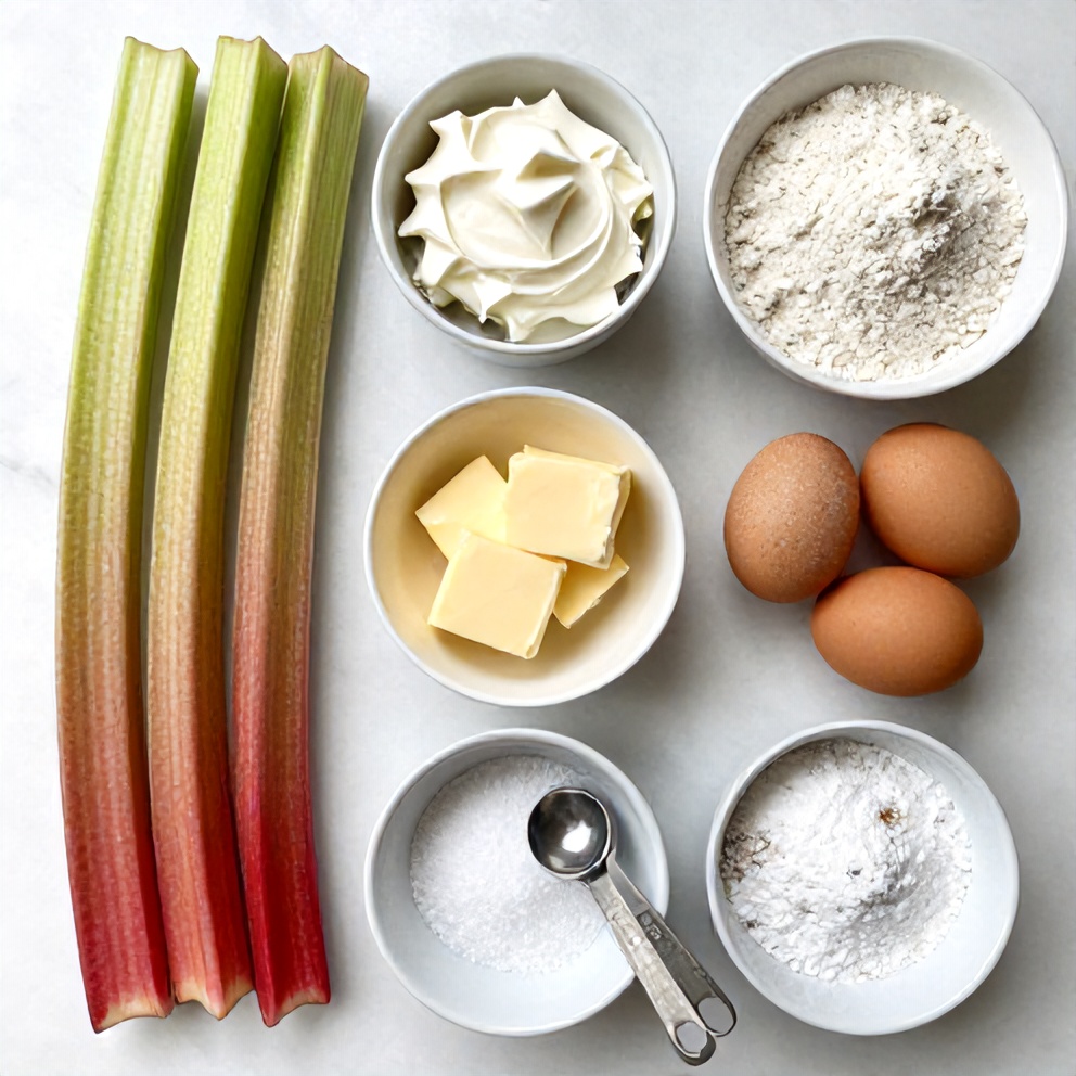 Raw ingredients for Easy Rhubarb Cream Cheese Bars: rhubarb, cream cheese, butter, sugar, eggs, flour