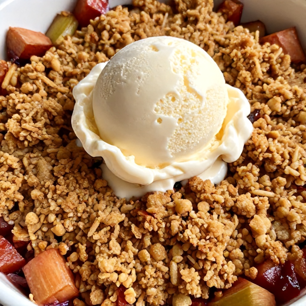 Perfectly baked Easy Rhubarb Crisp with scoop of vanilla ice cream