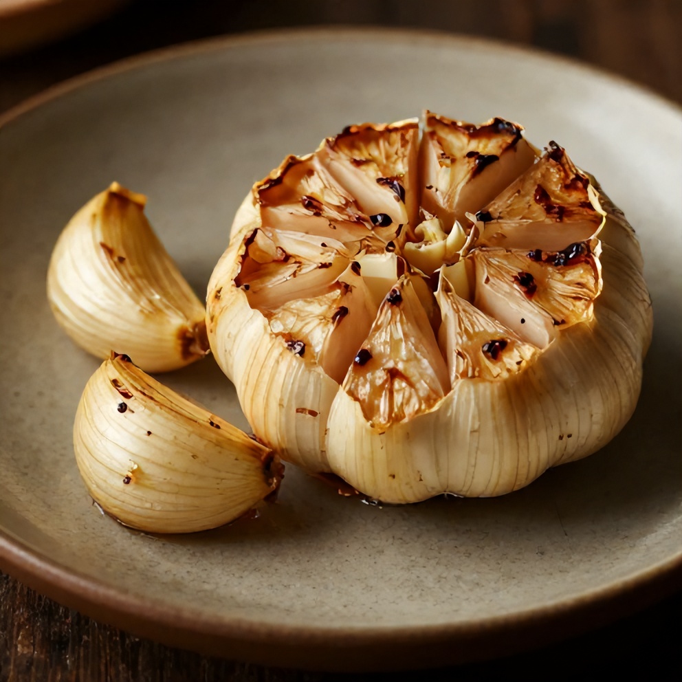 Caramelized roasted garlic cloves on a rustic plate