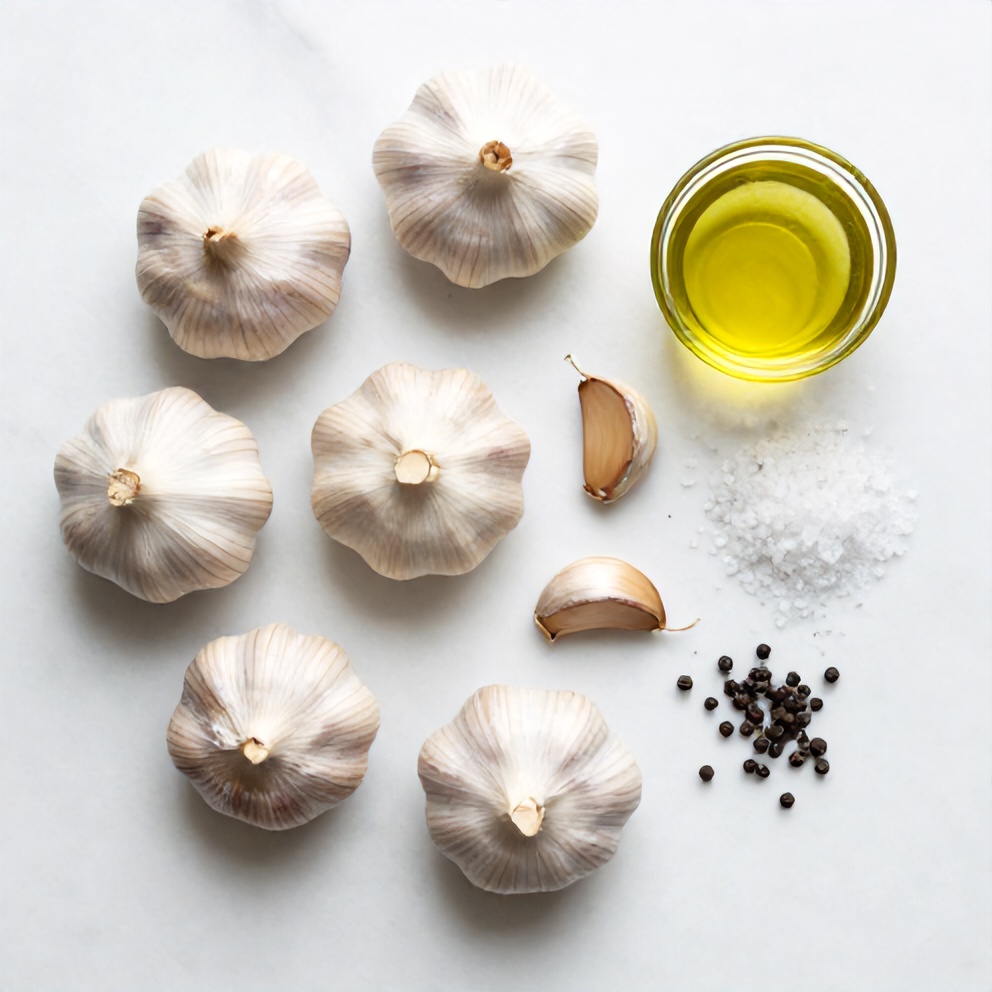 Raw garlic bulbs, olive oil, salt, and pepper arranged on a marble surface