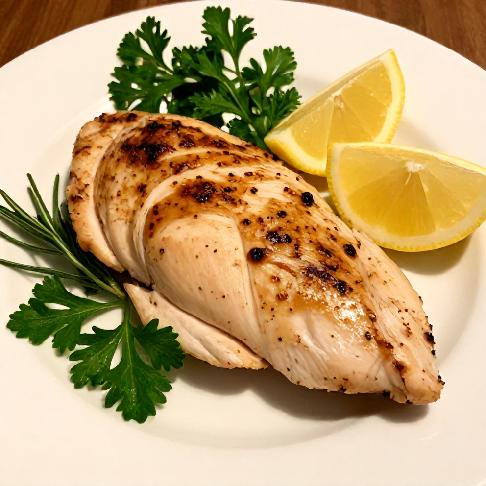 Plated Rosemary Dijon Chicken Breast with lemon wedges