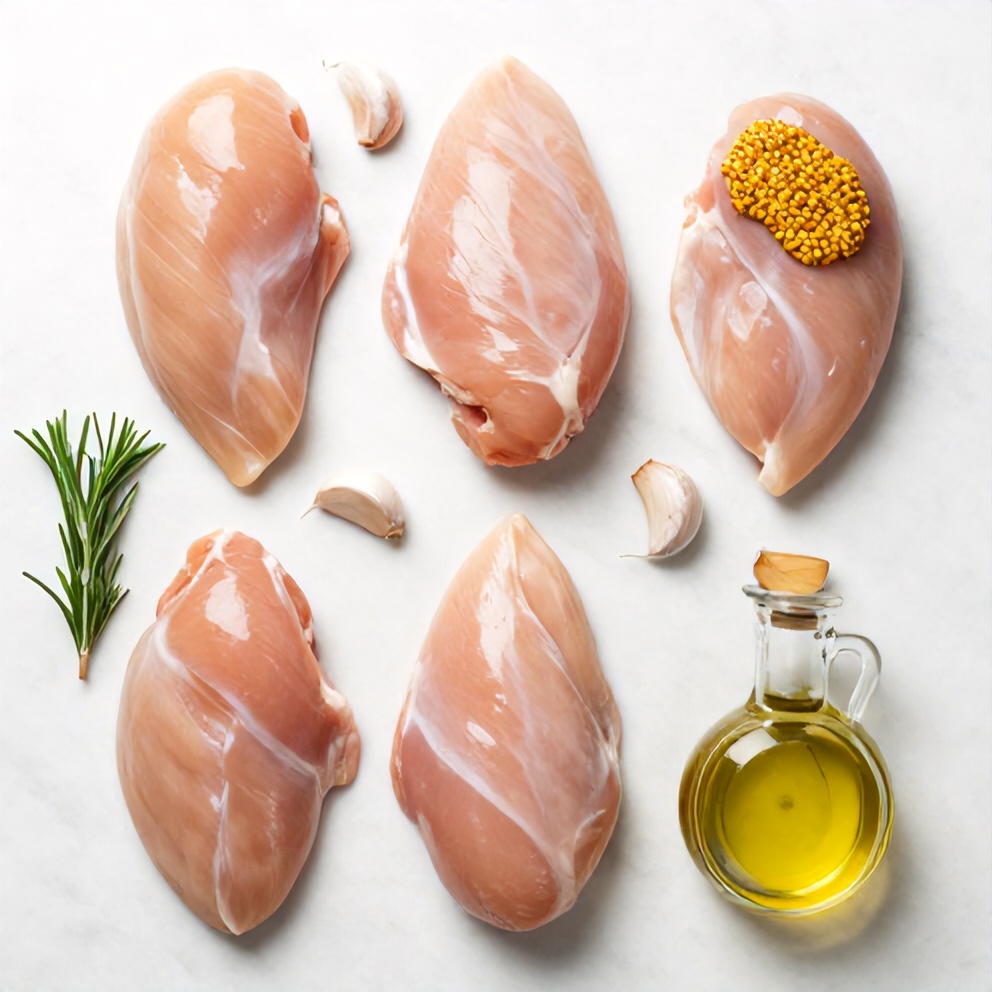 Rosemary, Dijon mustard, chicken breast, olive oil, and garlic on a wooden surface