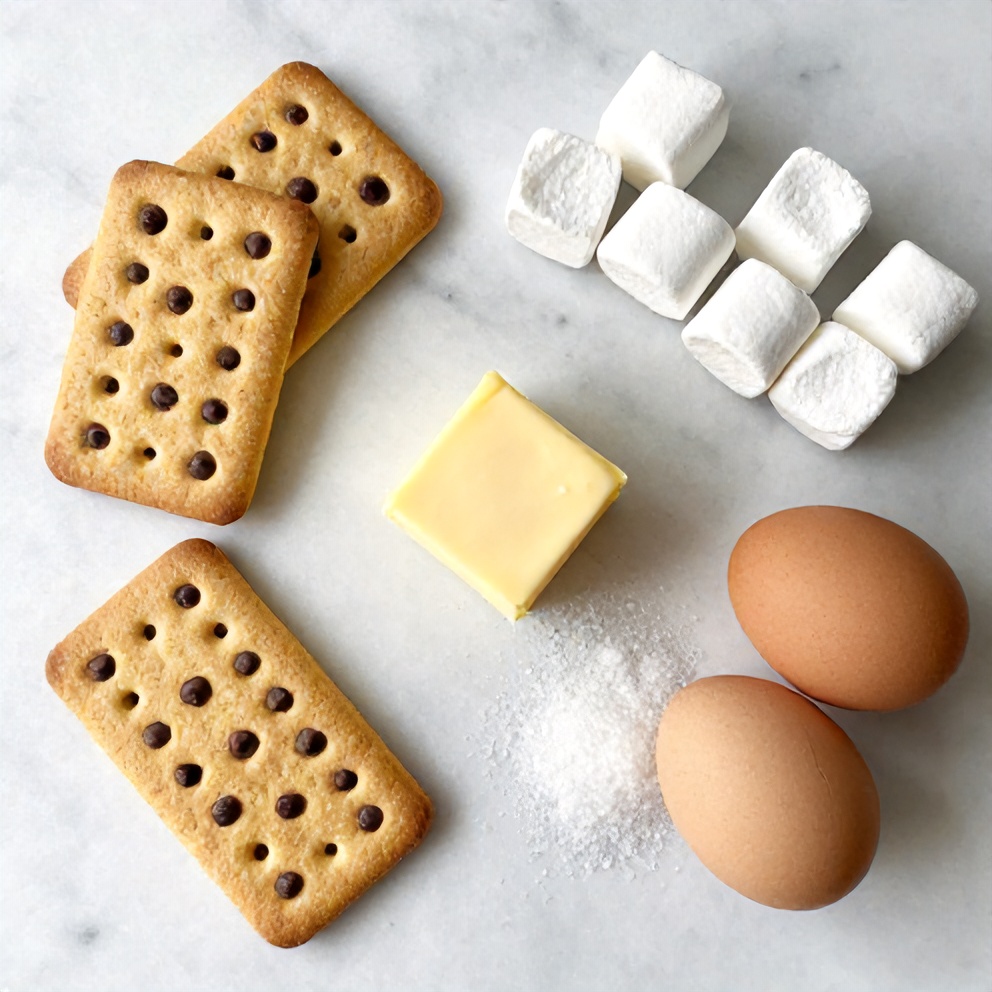 Graham crackers, chocolate chips, marshmallows, butter, sugar, and eggs arranged on a marble surface