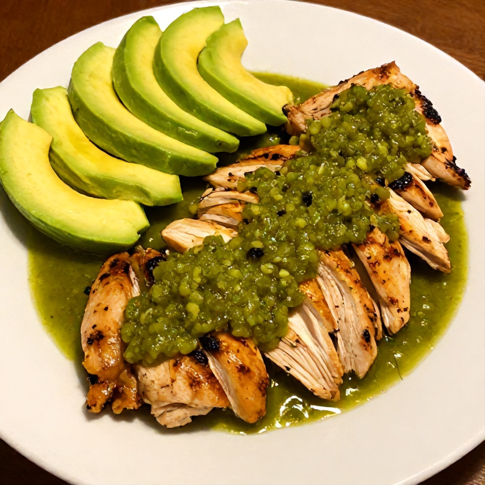 Plated Salsa Verde Chicken with avocado slices