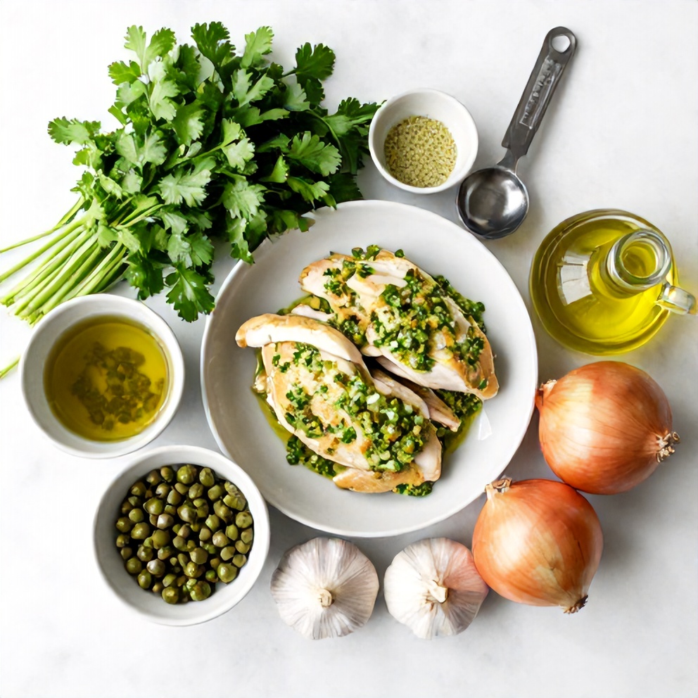 Raw ingredients for Salsa Verde Chicken on a marble surface