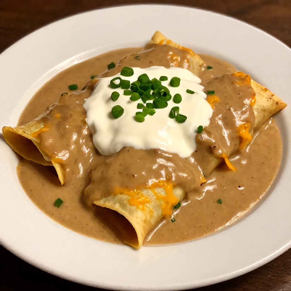 Plated sausage gravy enchiladas with sour cream and green onions