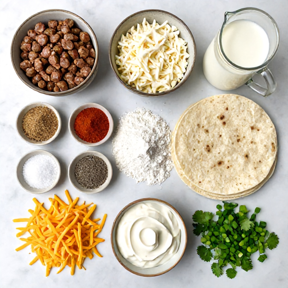 Raw ingredients for sausage gravy enchiladas on a marble surface