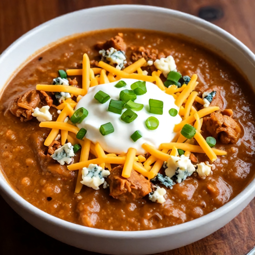 Plated serving of Easy Slow Cooker Buffalo Chicken Chili
