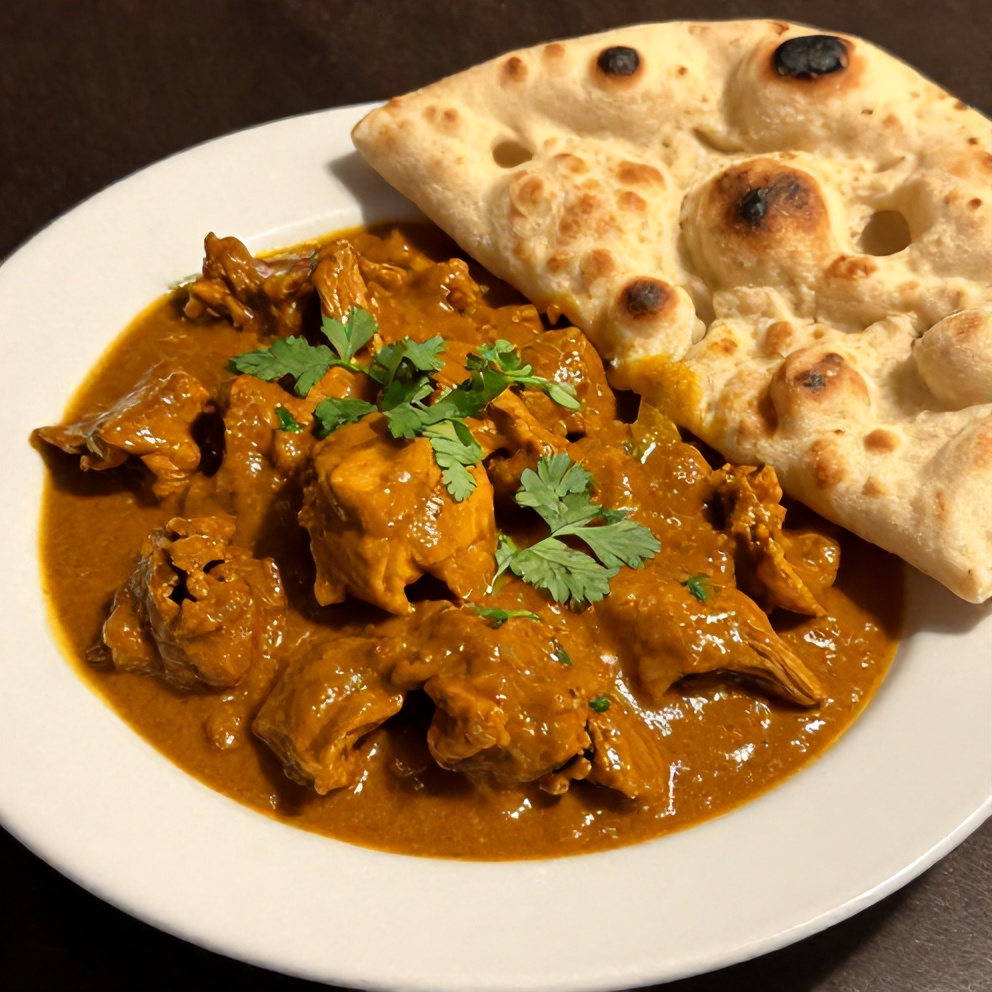 Plated Slow Cooker Chicken Curry with a side of naan bread and a sprinkle of fresh cilantro