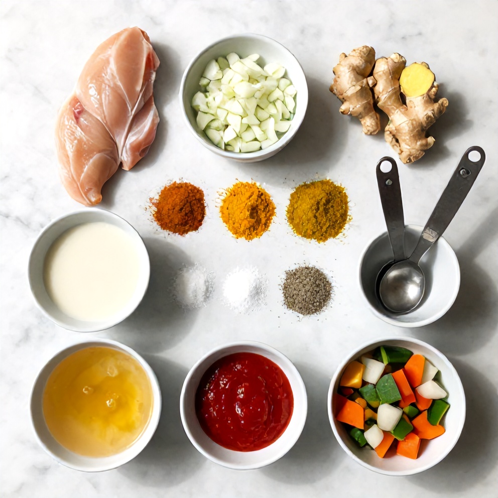 Raw ingredients for Slow Cooker Chicken Curry - chicken, onions, garlic, ginger, curry powder, coconut milk, and more