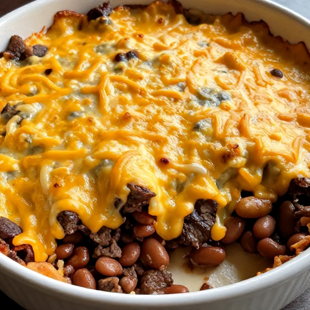 Plated serving of Easy Slow Cooker Cowboy Casserole
