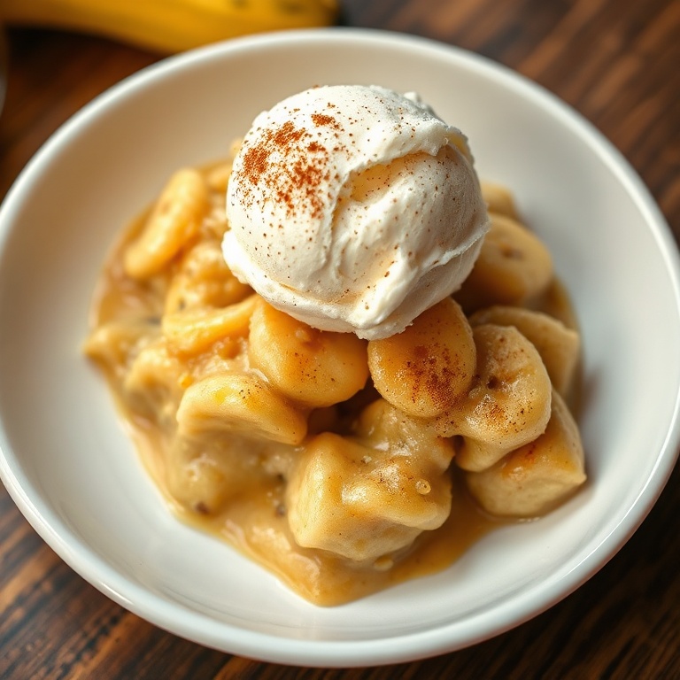Plated slice of easy southern banana cobbler with a scoop of vanilla ice cream and a sprinkle of cinnamon