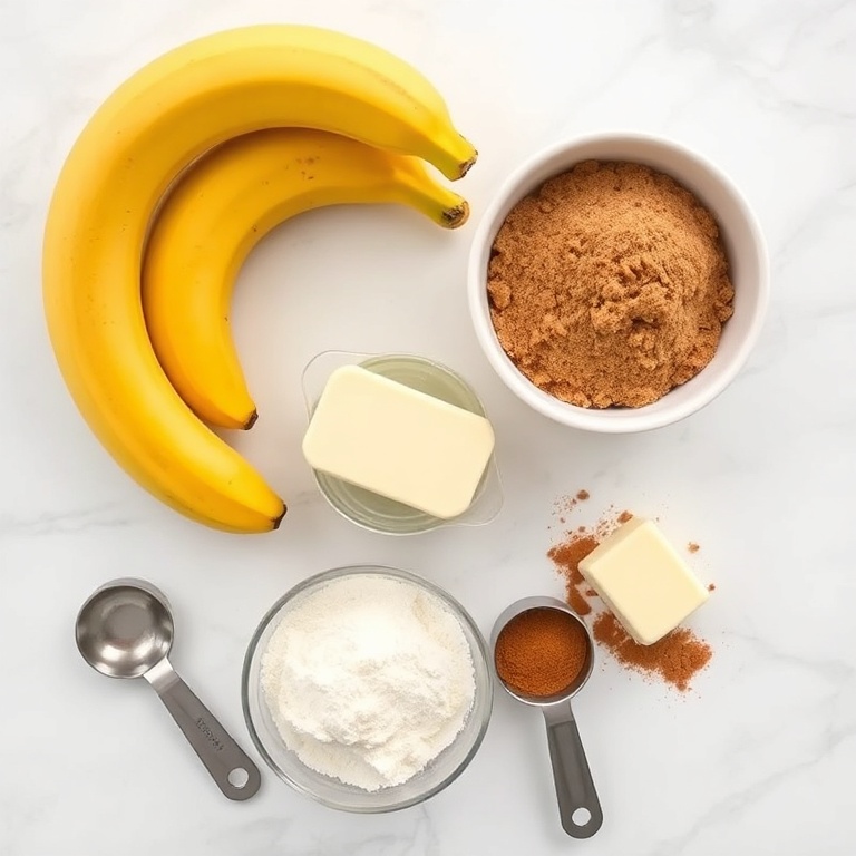 Raw ingredients for easy southern banana cobbler: ripe bananas, all-purpose flour, brown sugar, butter, baking powder, and cinnamon