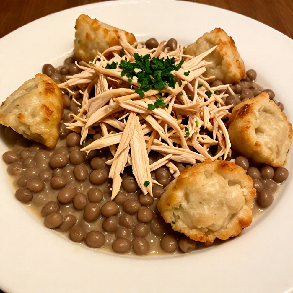 Southern Peas and Dumplings plated with a side of cornbread