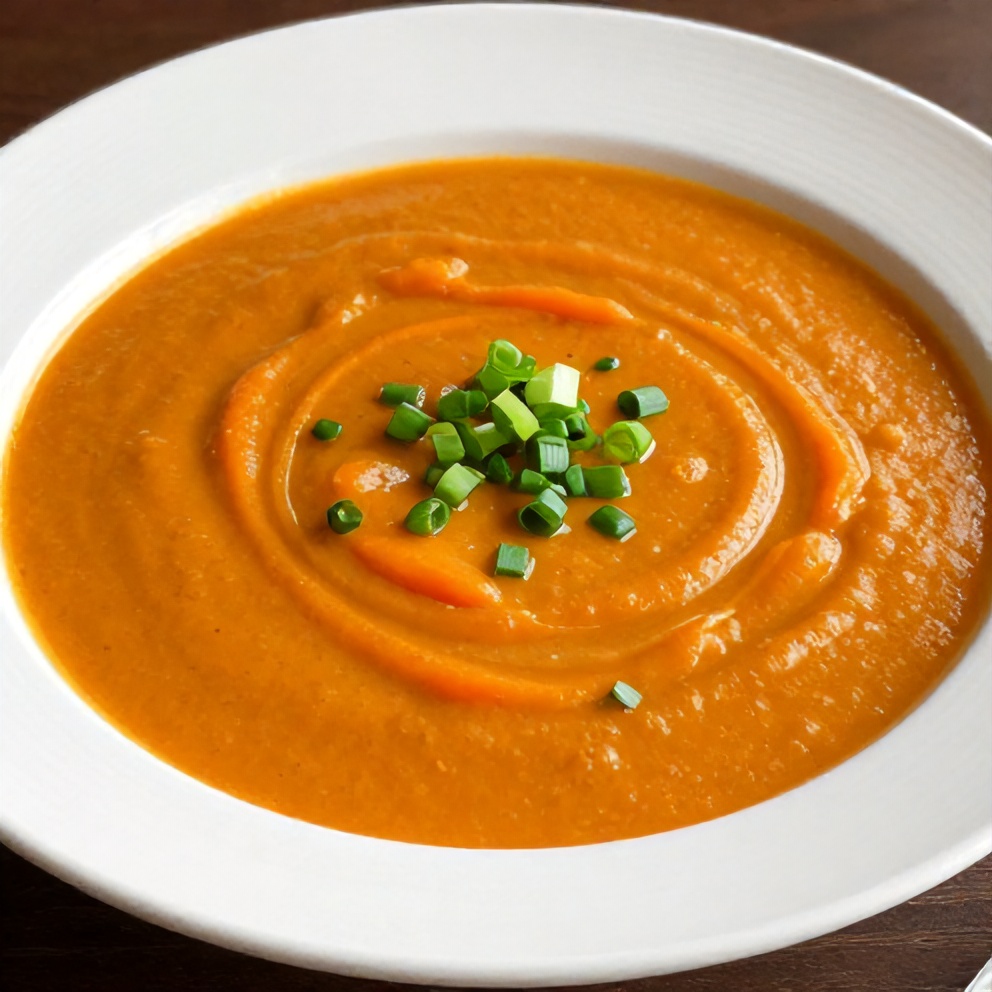 Perfectly plated serving of Spicy Miso Carrot Soup with a sprinkle of green onions, warm side lighting
