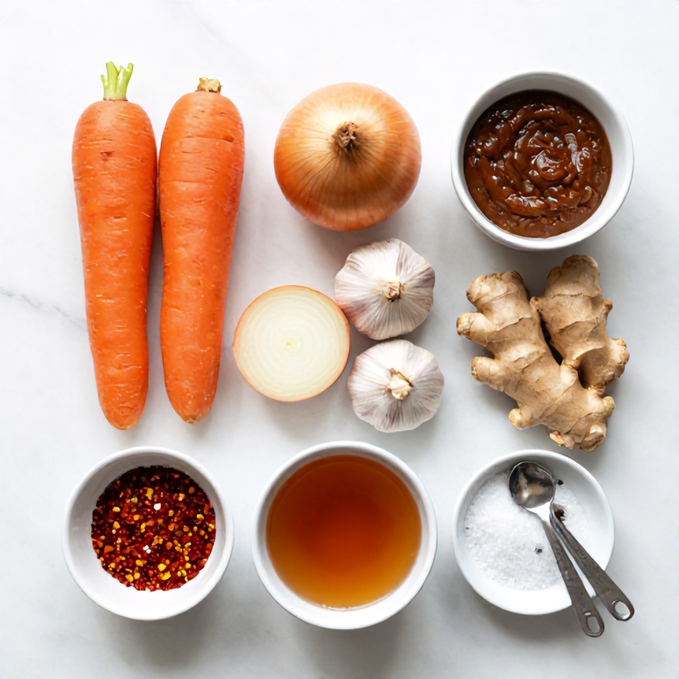Raw ingredients for Spicy Miso Carrot Soup arranged in an overhead flat lay, bright even light, marble surface