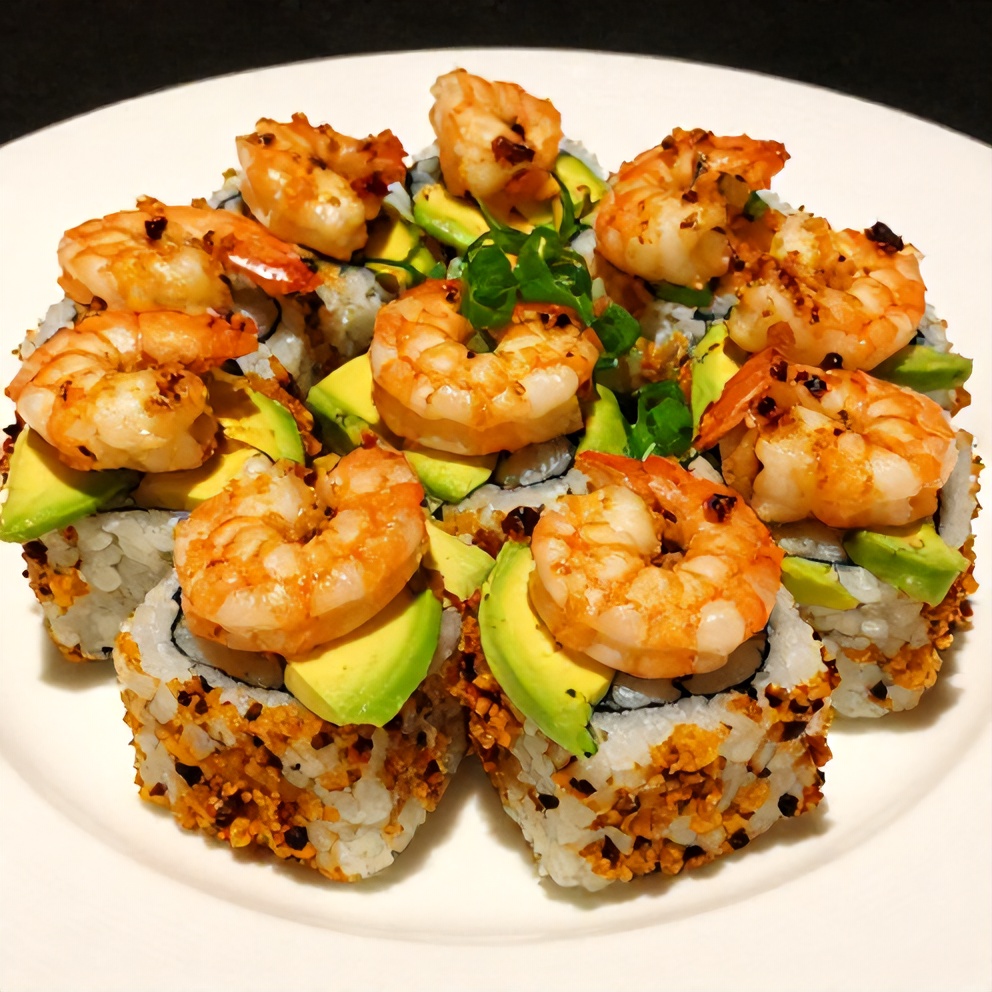 Plated Spicy Shrimp Sushi Stacks with Green Onion Garnish