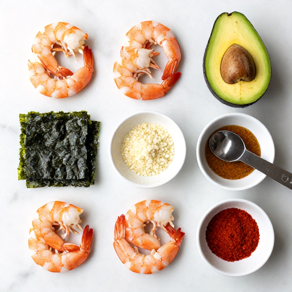 Raw Ingredients for Spicy Shrimp Sushi Stacks on a White Marble Surface