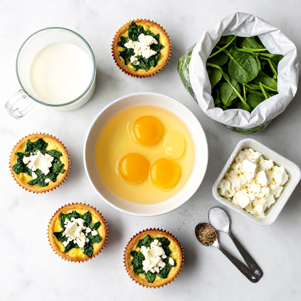 Raw ingredients for spinach and feta egg muffins