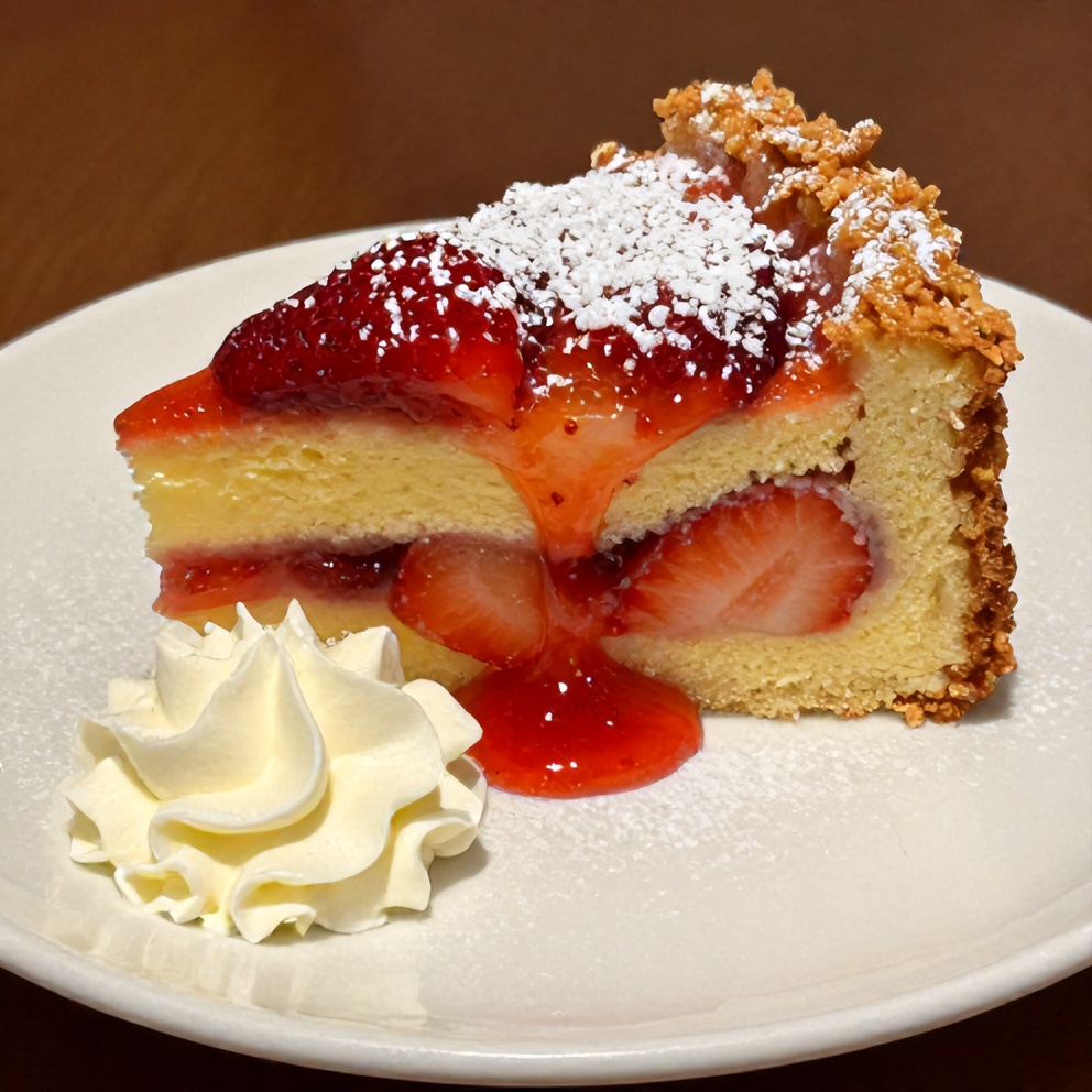 Sliced Strawberry Earthquake Cake on a dessert plate