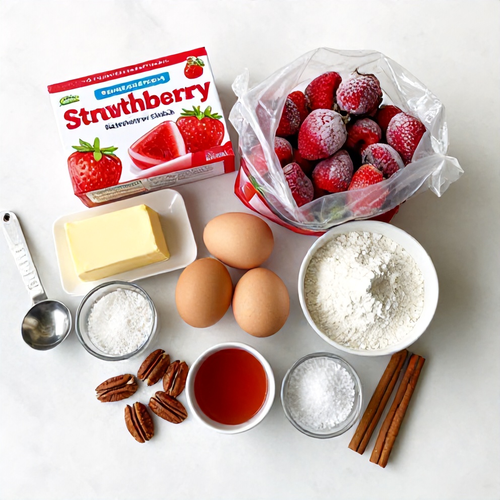 Strawberry Earthquake Cake ingredients on a marble counter