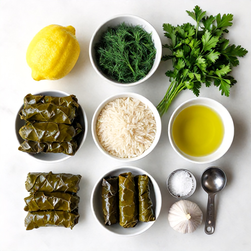 Raw Ingredients for Easy Stuffed Grape Leaves