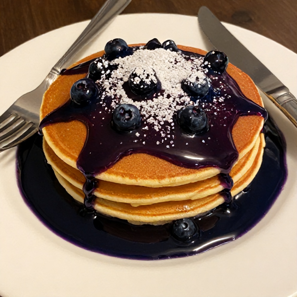 Blueberry syrup drizzled over pancakes