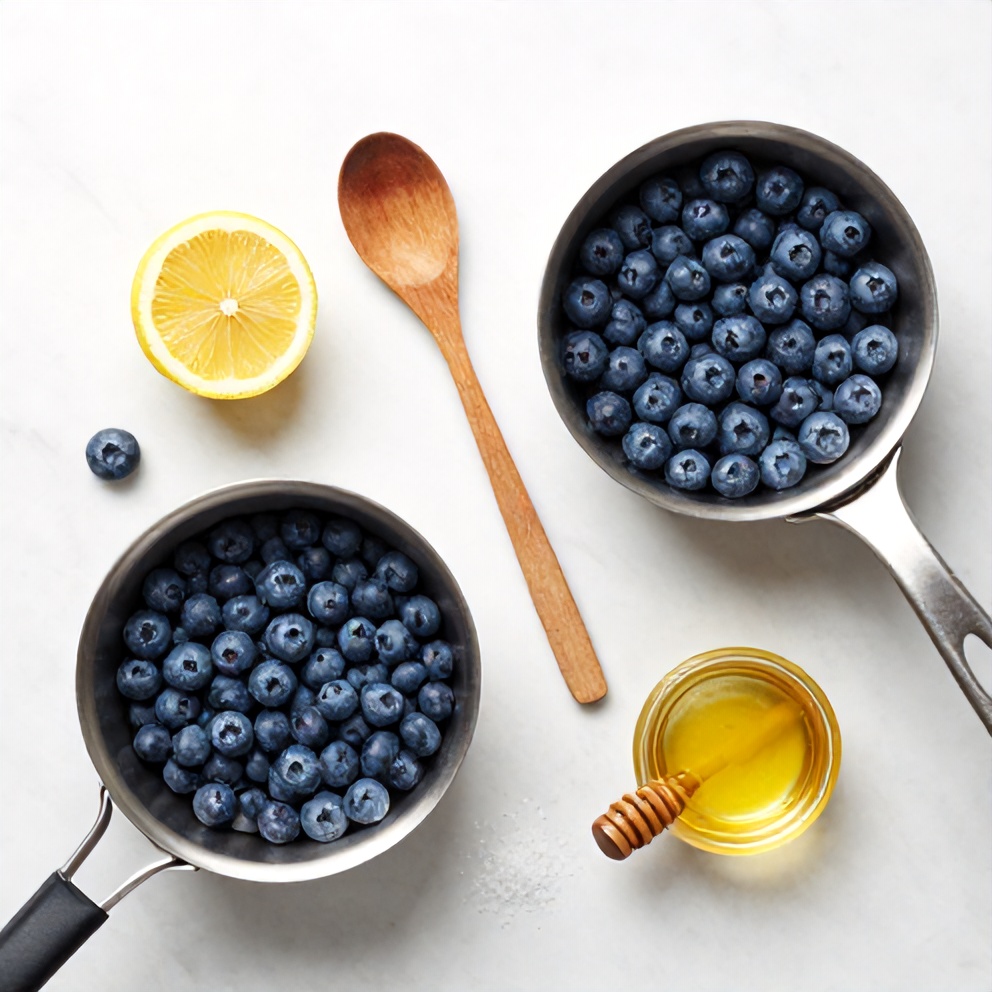 Blueberries, Lemon, Honey, Water, and a Saucepan on a Marble Countertop