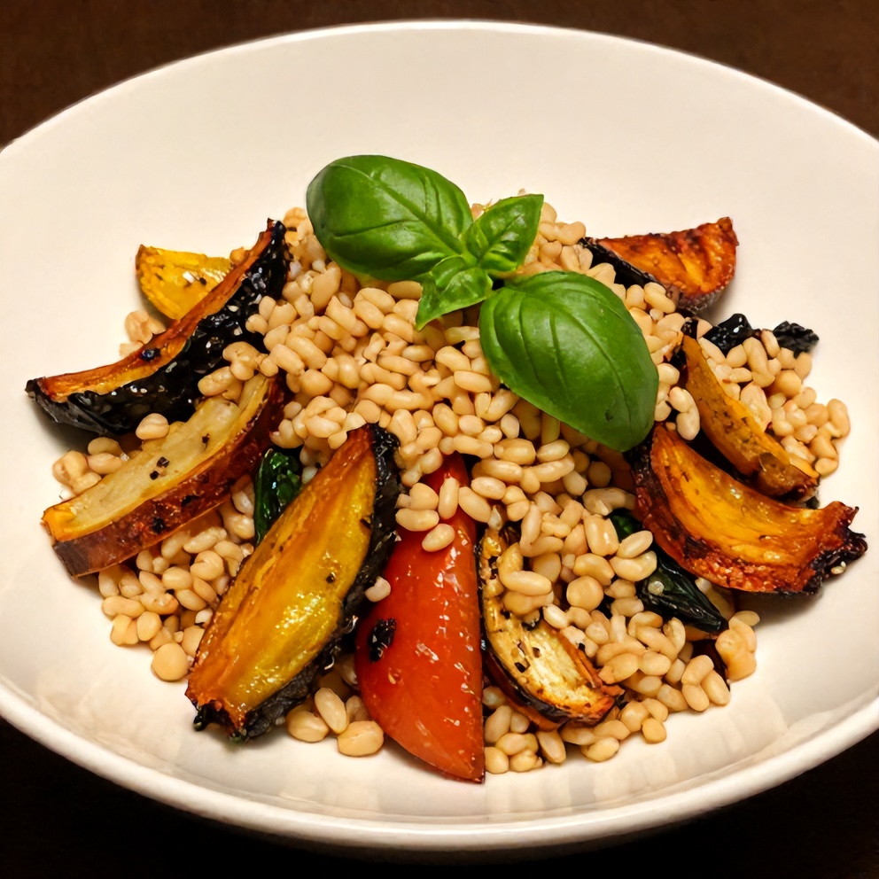 Plated Summer Farro Salad with Roasted Vegetables
