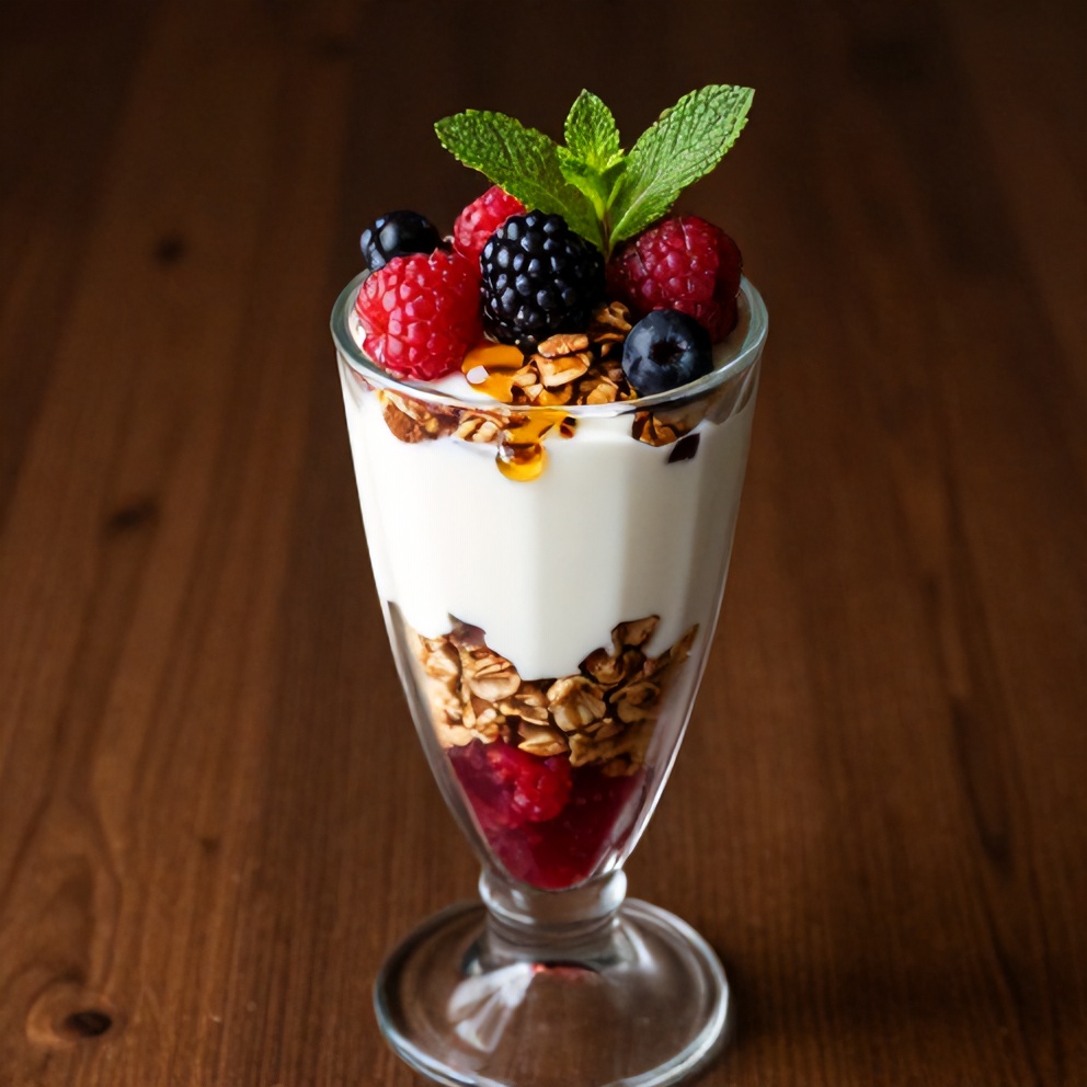 Yogurt parfait with fresh berries and honey, garnished with mint leaves