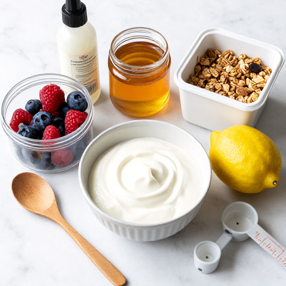 Raw ingredients for yogurt parfait: Greek yogurt, granola, mixed berries, honey, and mint leaves