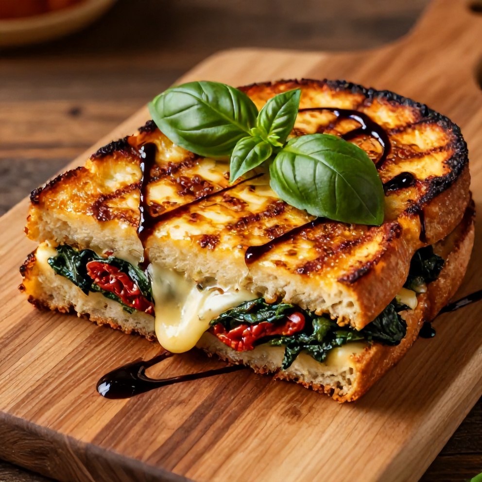 Sun-dried tomato spinach grilled cheese sandwich on a wooden cutting board