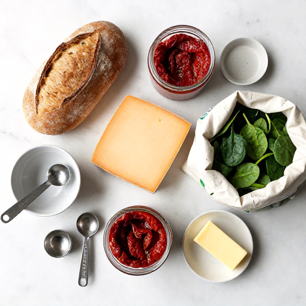 Raw ingredients for sun-dried tomato spinach grilled cheese on a white marble surface