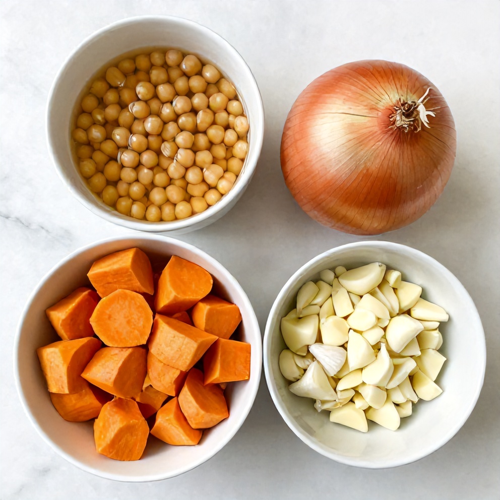 Raw ingredients for Sweet Potato Chickpea Curry: sweet potatoes, chickpeas, onions, garlic, curry powder