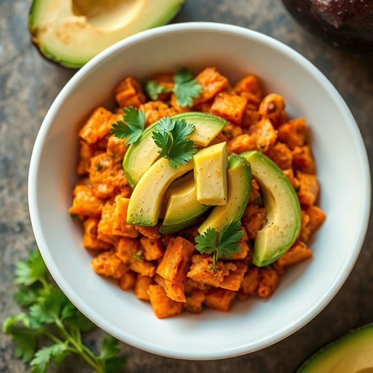 Plated easy tex-mex sweet potato hash topped with fresh cilantro and avocado slices in a white ceramic bowl