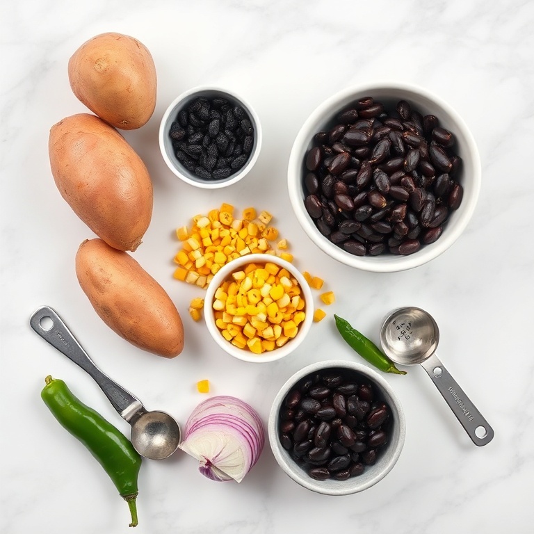 Raw sweet potatoes, black beans, corn kernels, red onion, jalapeño, and spices arranged on white marble