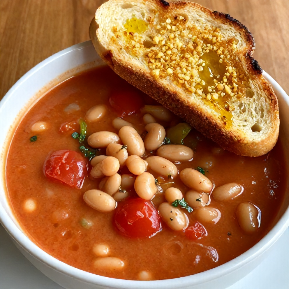 Easy Tomato and White Bean Soup with Garlic Toast