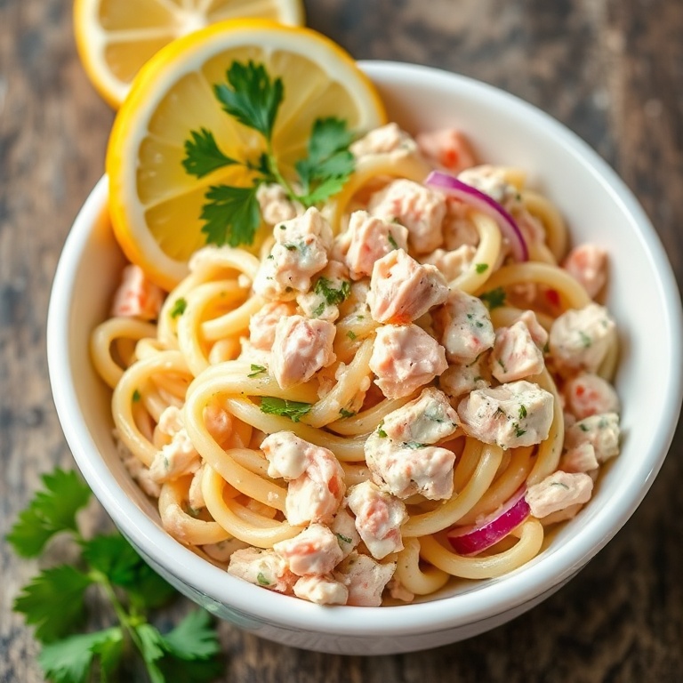 One serving of easy tuna pasta salad in a white ceramic bowl, garnished with fresh parsley and lemon wedge, creamy dressing visible, pasta slightly glossy, celery and red onion pieces distinct, warm side lighting highlighting texture