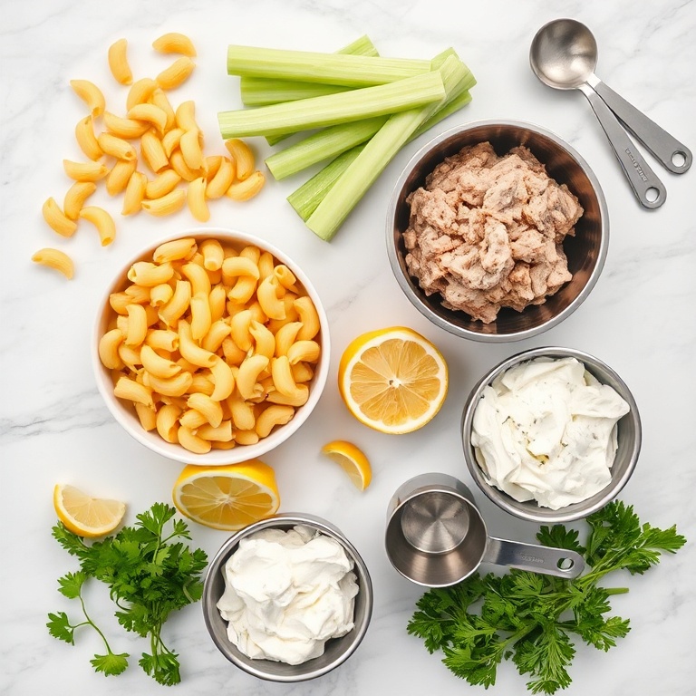 Overhead flat lay of elbow macaroni, canned tuna in water, full-fat cottage cheese, celery stalks, red onion, lemon wedges, fresh parsley, small prep bowls, stainless steel measuring cups and spoons on white marble surface