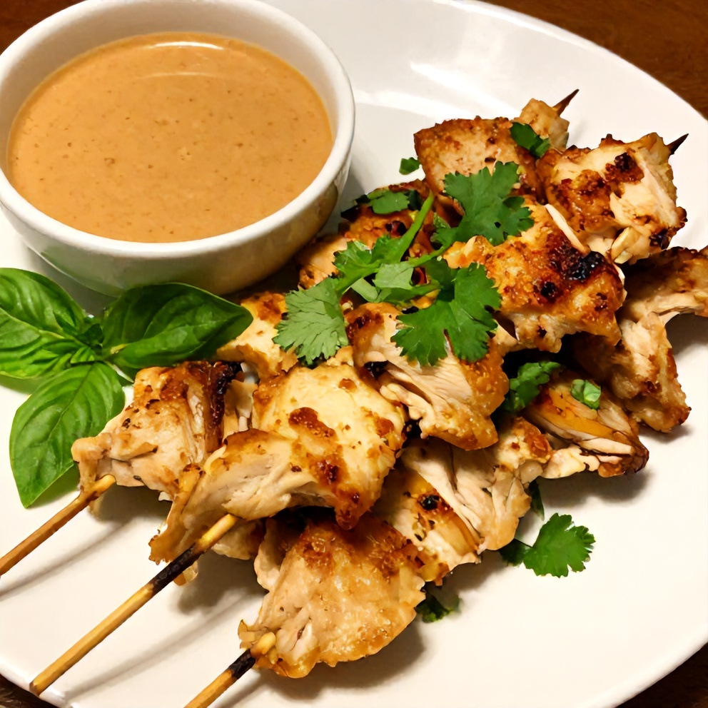 Vietnamese Lemongrass Chicken Skewers plated with peanut sauce