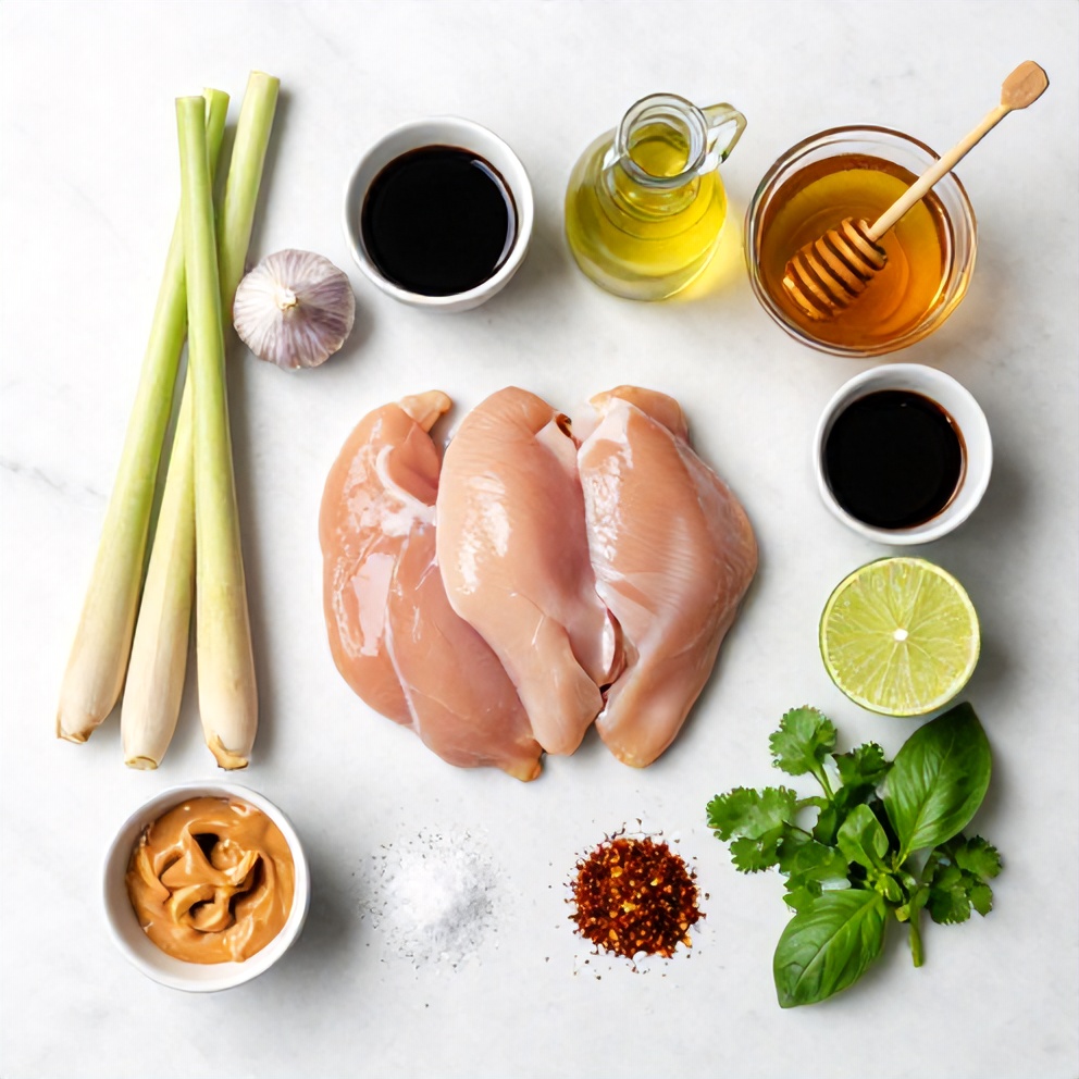 Ingredients for Vietnamese Lemongrass Chicken Skewers laid out on a wooden surface